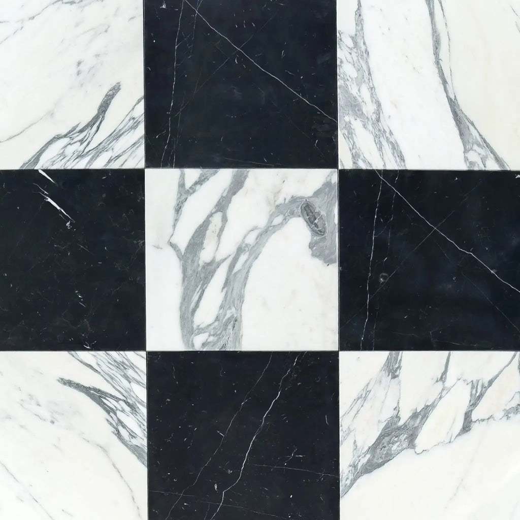 Black and white marble tile pattern of Checkerboard Nero Marquina and Arabescato Corchia