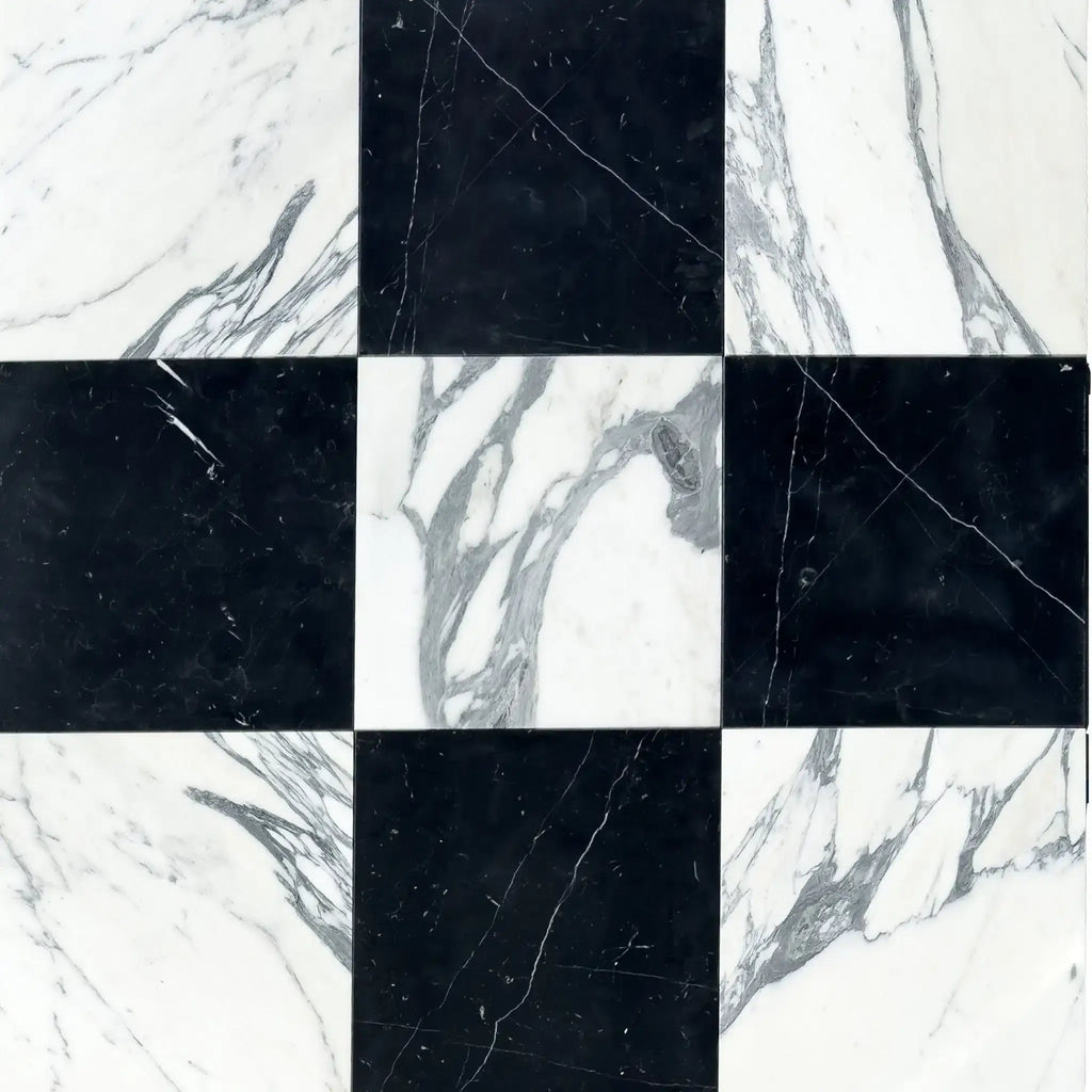 Black and white marble tile pattern of Checkerboard Nero Marquina and Arabescato Corchia