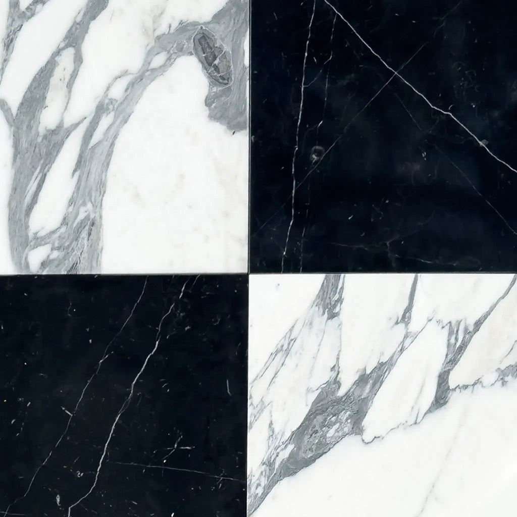 Checkerboard Nero Marquina Marble and Arabescato Corchia Marble 12X12 set tiles