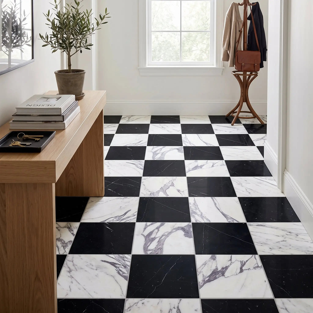 Checkerboard nero marquina marble and arabescato corchia marble 12x12 set black and white checkered floor tiles