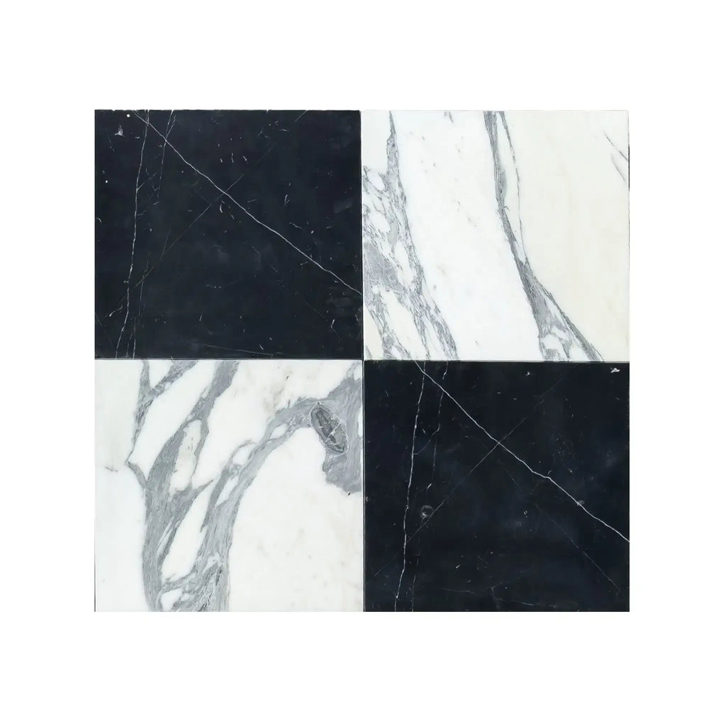 Black and white marble tile square from Checkerboard Nero Marquina and Arabescato Corchia set