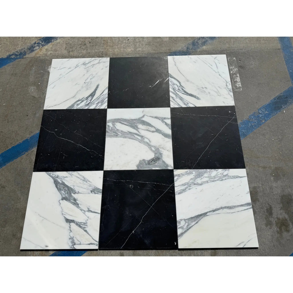 Black and white Nero Marquina and Arabescato Corchia marble checkerboard tiles