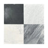 Four square marble tiles from the Checkerboard Nero Marquina and Arabescato Corchia set