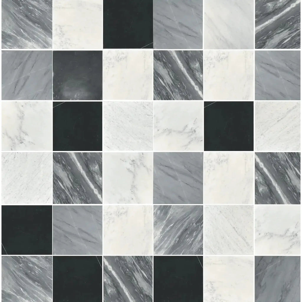 Checkerboard pattern of Nero Marquina and Arabescato Corchia Marble tiles