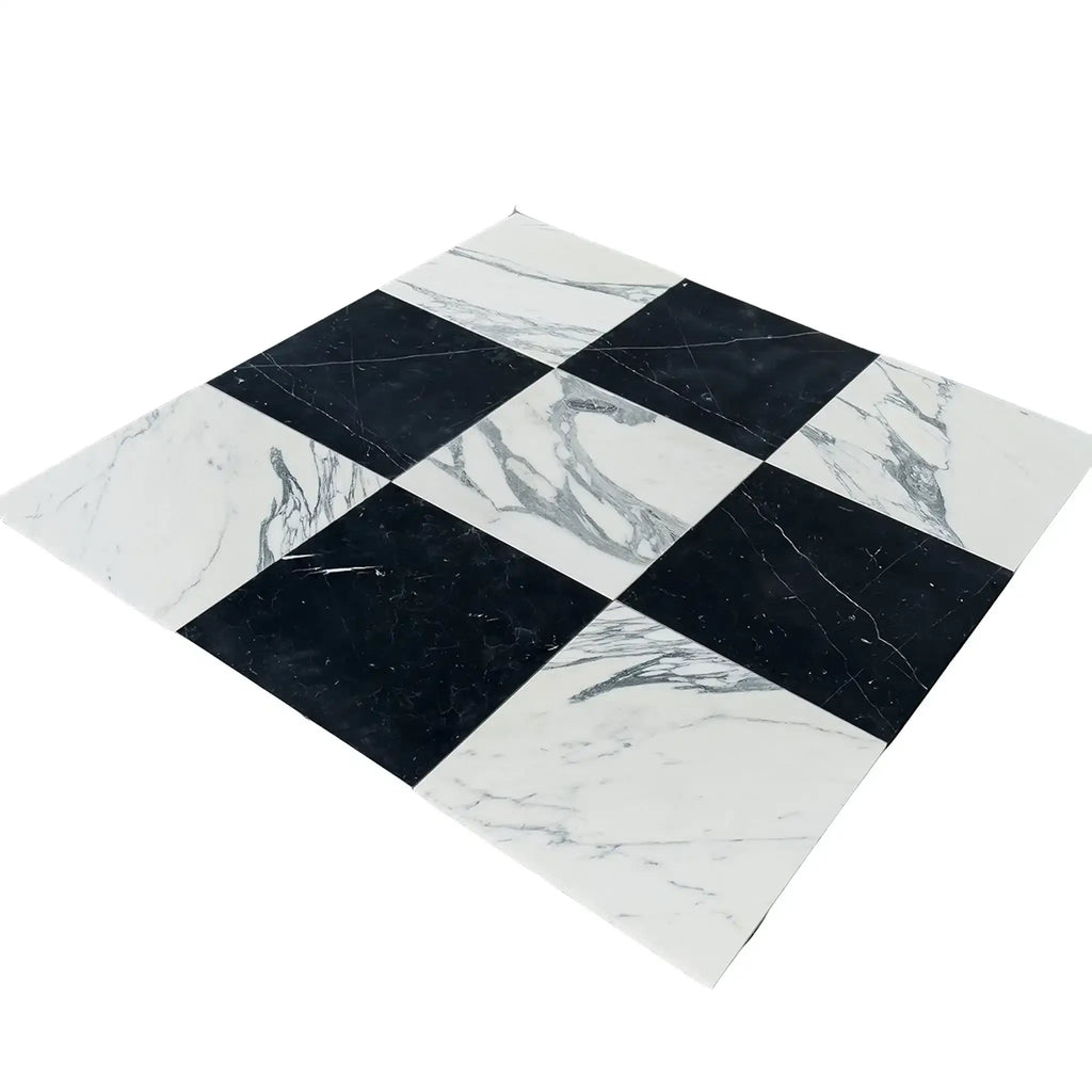 Checkerboard marble tile pattern in Checkerboard Nero Marquina and Arabescato Corchia set