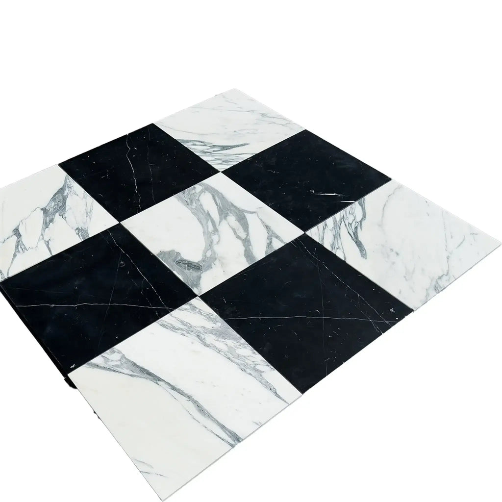 Checkerboard marble tile pattern featuring Nero Marquina and Arabescato Corchia