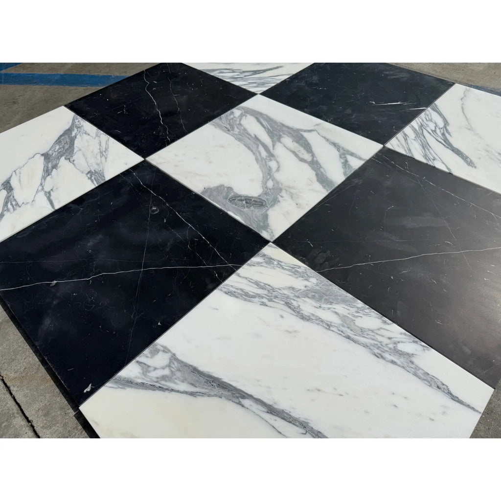 Black and white checkered marble tiles from Checkerboard Nero Marquina and Arabescato Corchia set