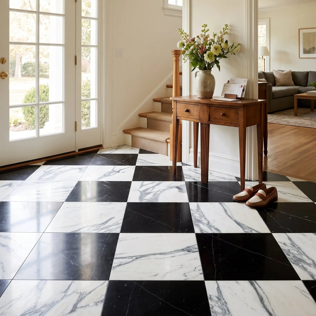 Checkerboard nero marquina marble and arabescato corchia marble 18x18 black and white marble-effect floor tiles