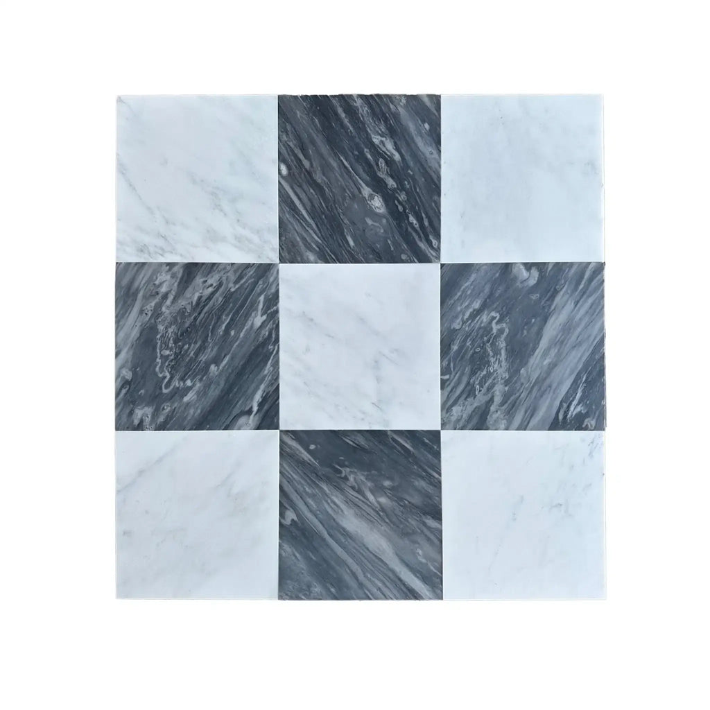 Nine-square marble tile pattern in Checkerboard Nero Marquina and Arabescato Corchia set