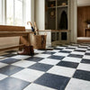Checkerboard nero marquina and carrara white marble 12x12 tumbled floor tiles in black and white checkered pattern