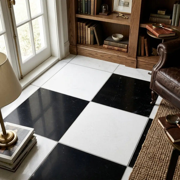 Black and white marble checkered floor tiles featuring nero marquina and thassos 12x12 set for elegant flooring
