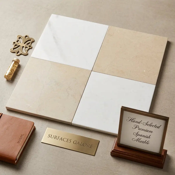 A square tile of hand-selected premium spanish marble with smooth polished surface and subtle white and beige veining