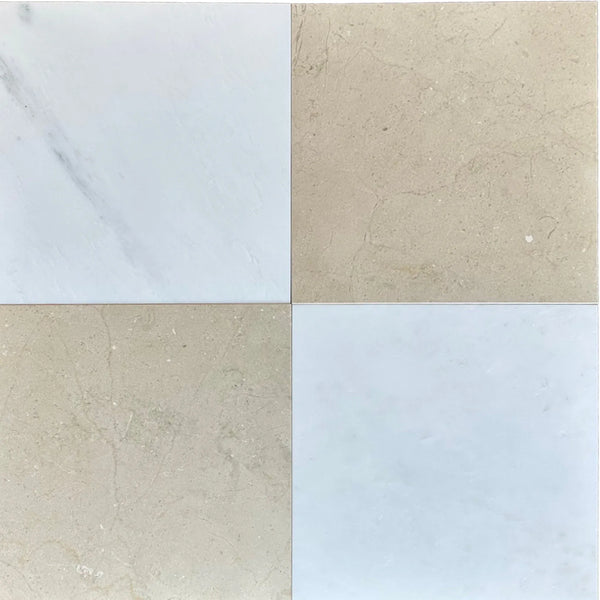 Four square marble tiles in Checkerboard Oriental White and Crema Marfil set