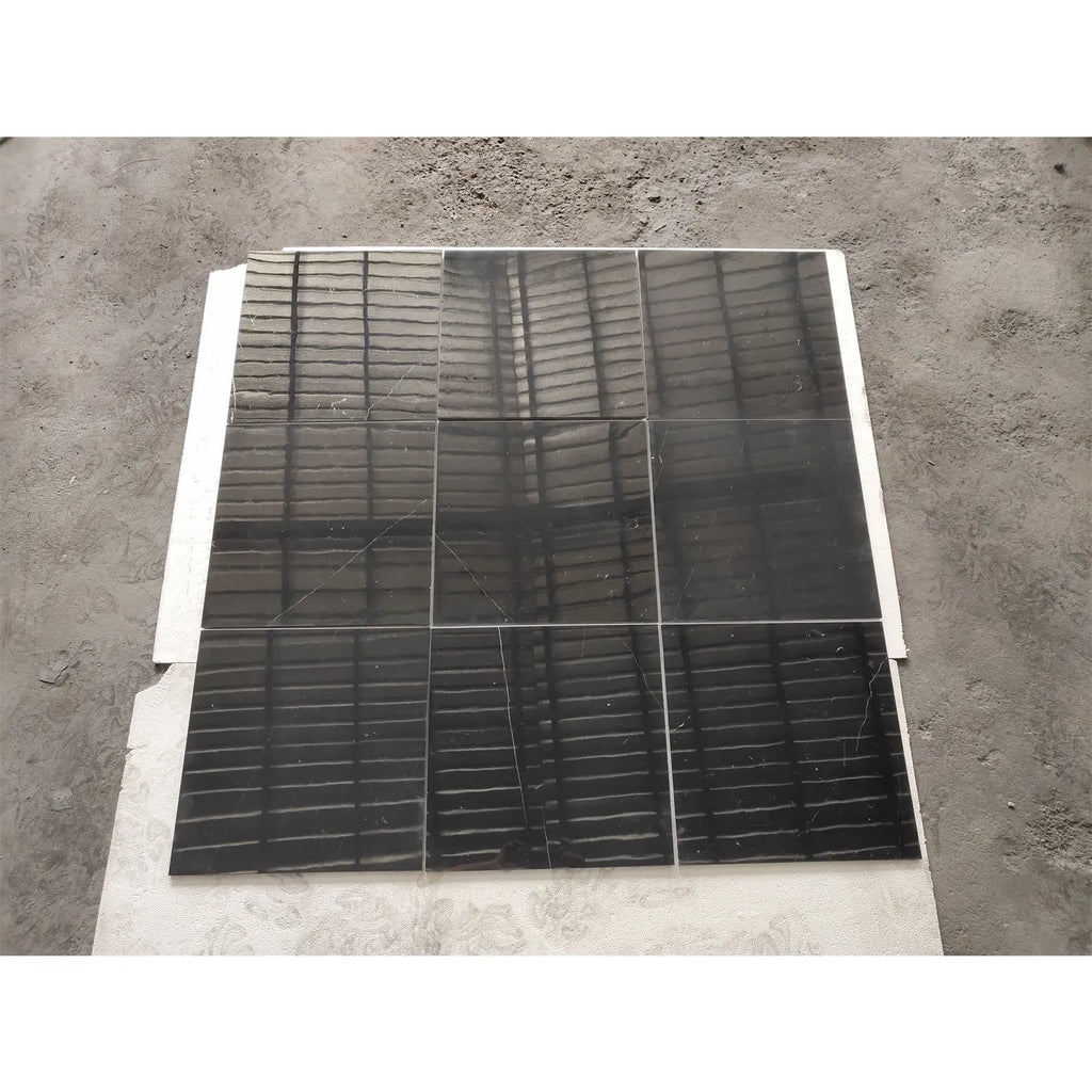 Nine black glossy tiles in Checkerboard Oriental White and Nero Marquina Marble set
