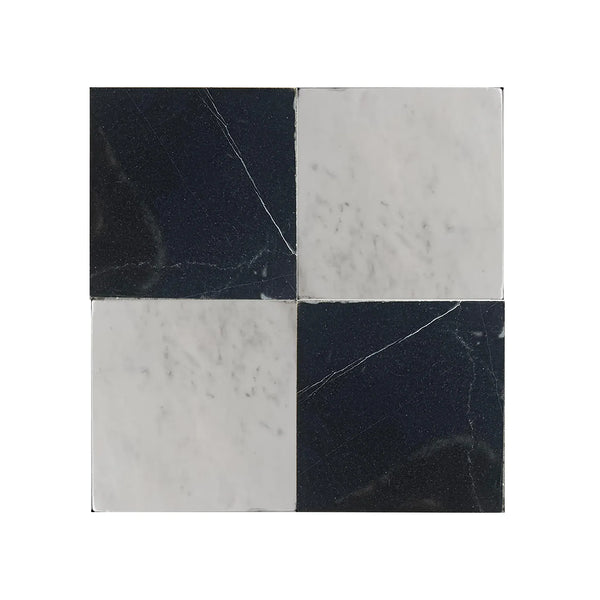 Black and white checkered tile design in Checkerboard Oriental White and Nero Marquina Marble
