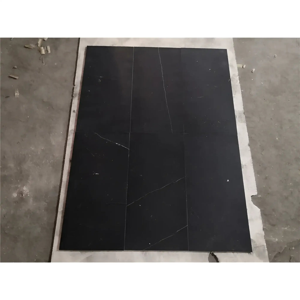 Black marble tile arrangement in Checkerboard Oriental White and Nero Marquina 12X12 set