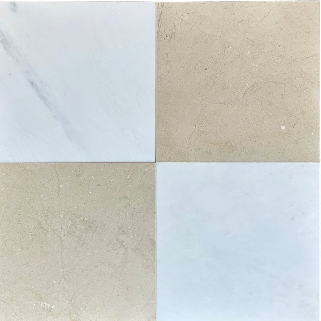 Four square tiles of Checkerboard Oriental White and Nero Marquina Marble set