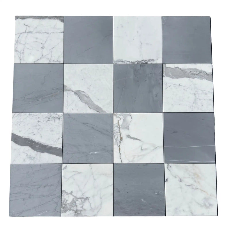 Checkerboard pattern of gray and white marble tiles.