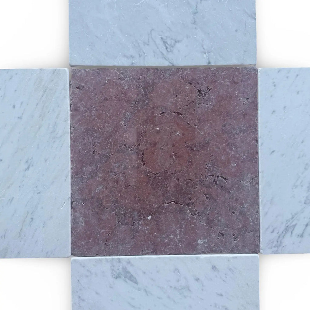 Marble tile cross pattern from Checkerboard Rojo Alicante and Carrara White 12X12 Tumbled Set