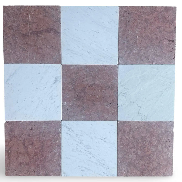 Nine square marble tiles in a checkerboard pattern of Rojo Alicante and Carrara White for elegant flooring