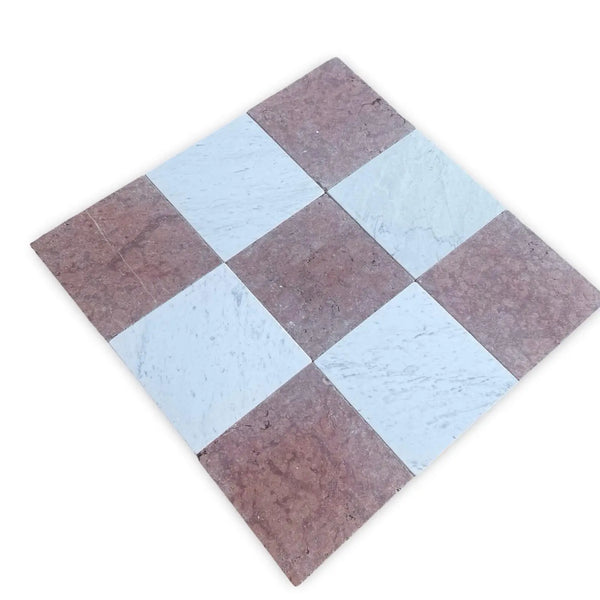 Checkerboard tile pattern featuring Rojo Alicante and Carrara White 12X12 Tumbled Set