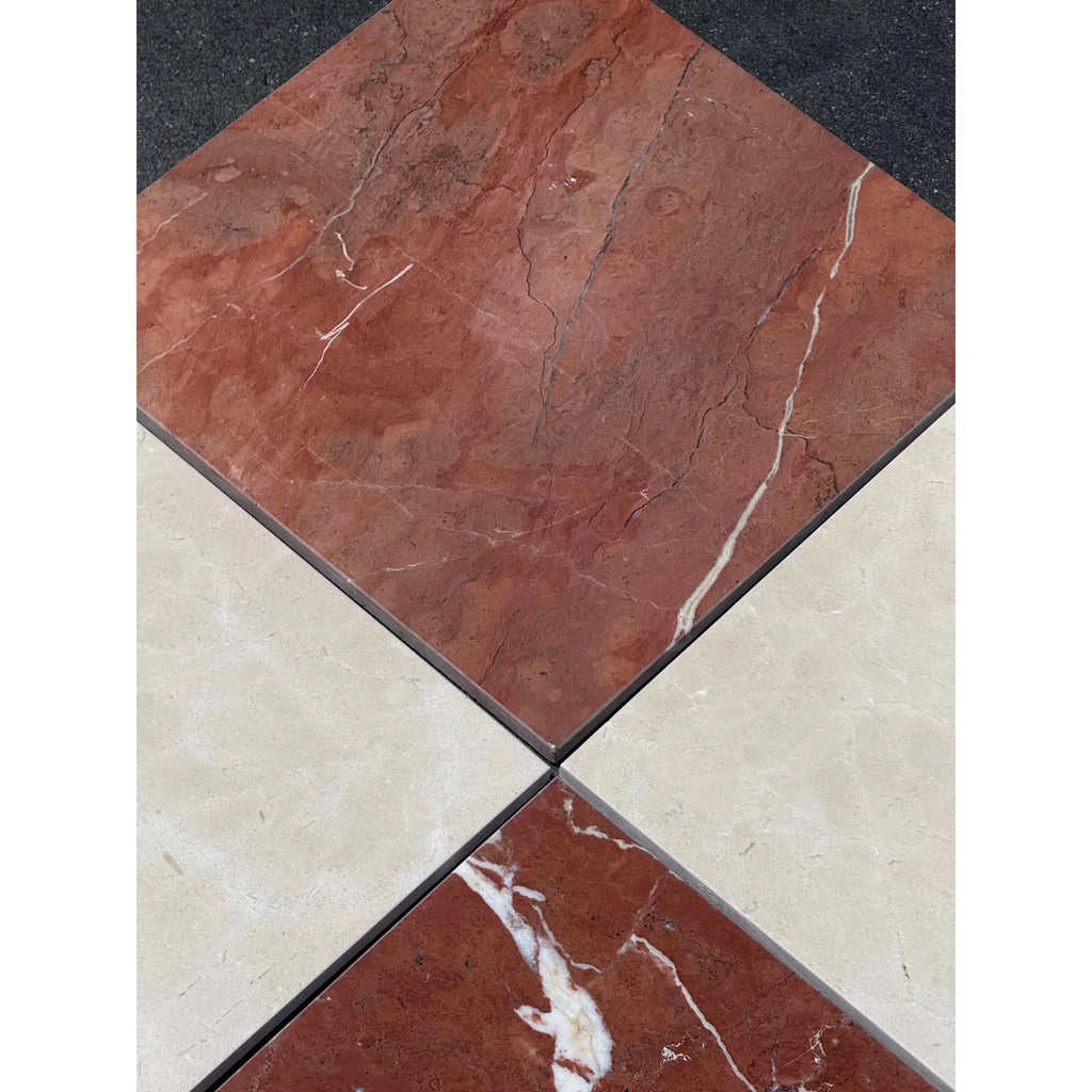 Marble-patterned square tiles from Checkerboard Rojo Alicante and Crema Marfil Marble 12X12 Set