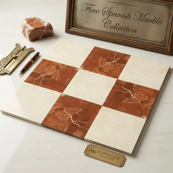 A square checkerboard rodo alicante and crema marfil marble tile panel with terracotta and creamy white veined blocks