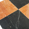 Orange and black marble tile pattern in Checkerboard Rojo Alicante and Nero Marquina set