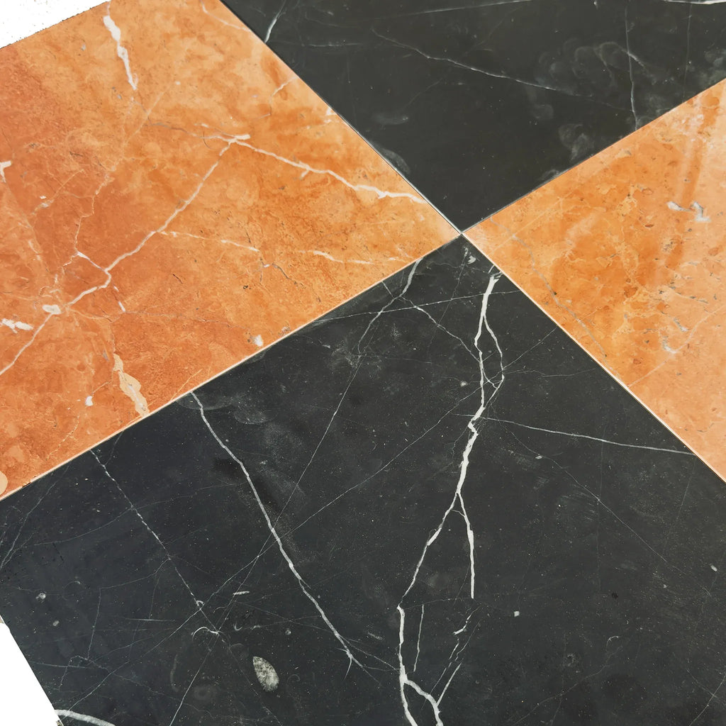 Orange and black marble tile pattern in Checkerboard Rojo Alicante and Nero Marquina set