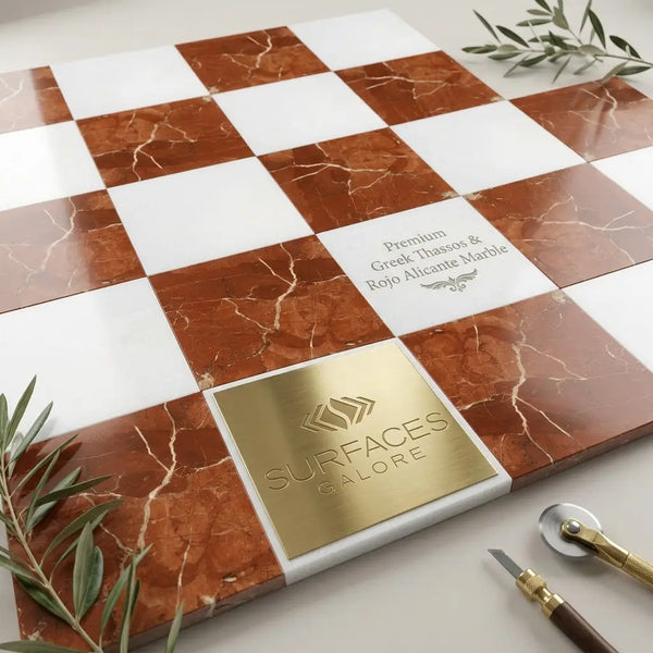 A polished checkerboard made of rojo Alicante and Thassos marble with alternating white and rich brown tiles and a gold plaque