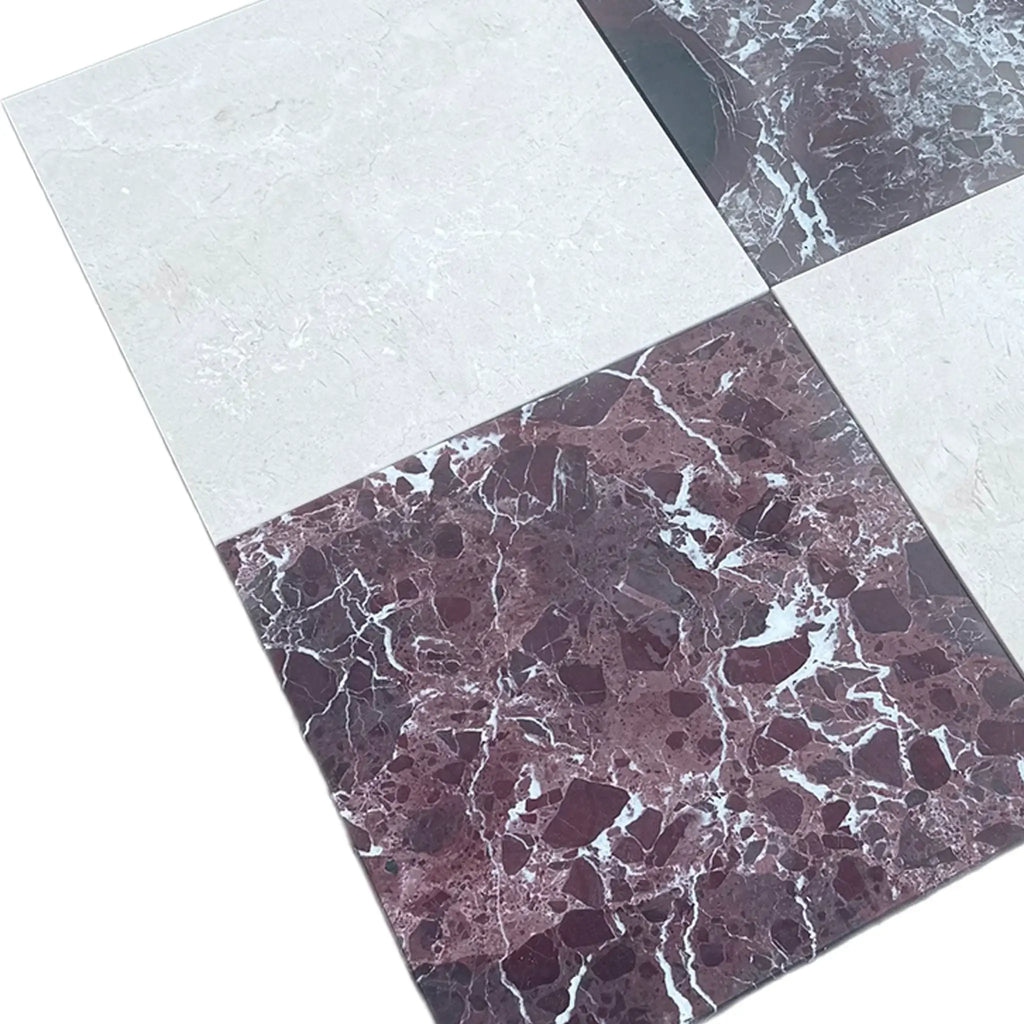 Marble-patterned floor tiles from Checkerboard Rosso Levanto and Crema Marfil 12x12 set