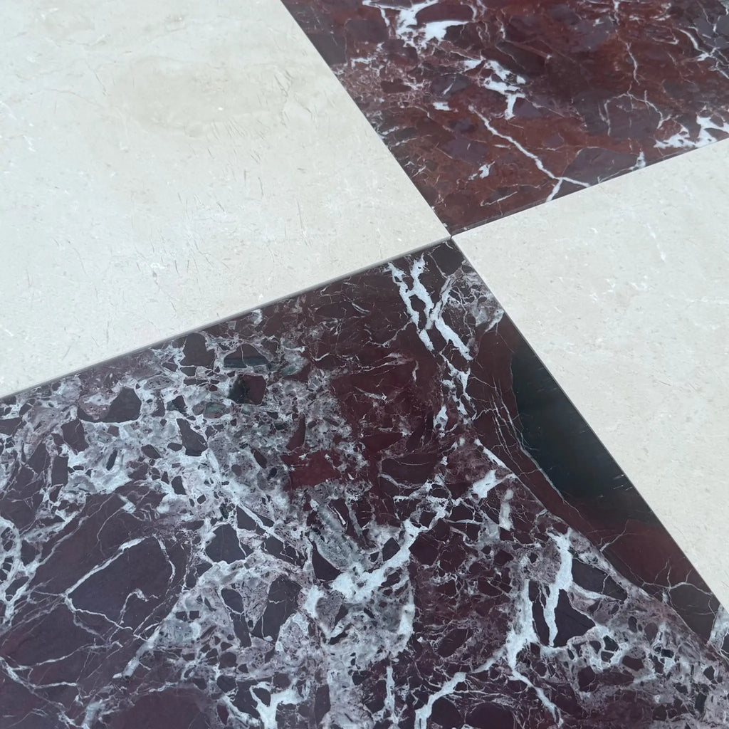 Checkered marble floor tiles from Checkerboard Rosso Levanto and Crema Marfil 12X12 Set
