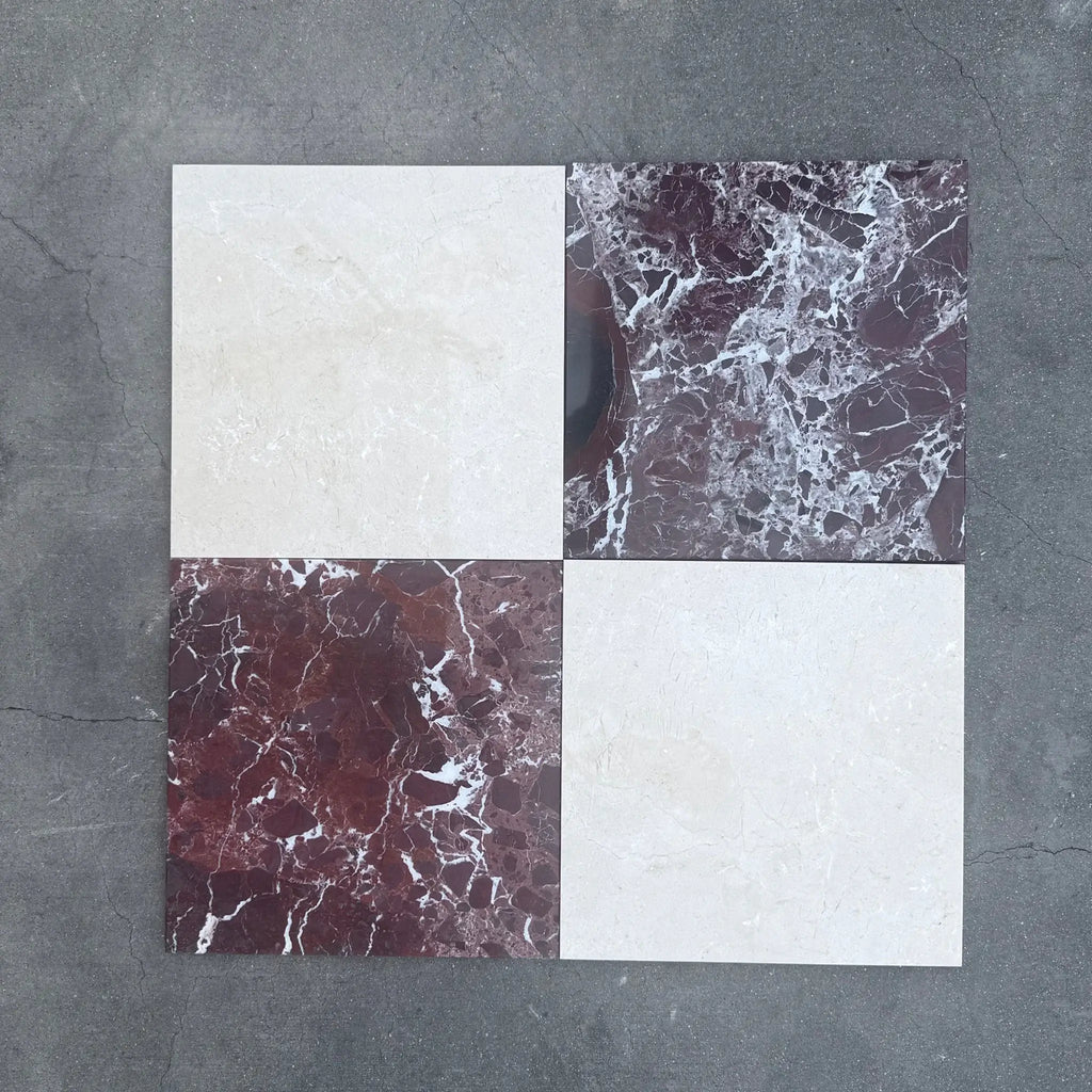 Four square marble tiles from Checkerboard Rosso Levanto and Crema Marfil 12X12 Set