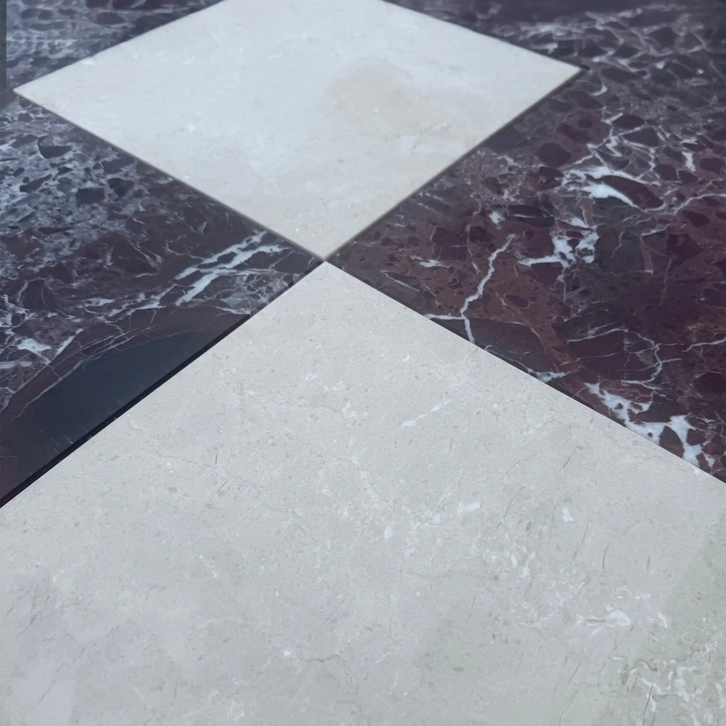 Alternating marble floor tiles from the Checkerboard Rosso Levanto and Crema Marfil 12X12 Set