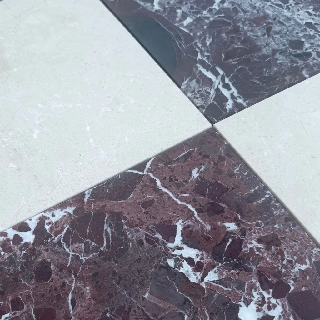 Checkerboard Rosso Levanto and Crema Marfil marble floor tiles in 12x12 set