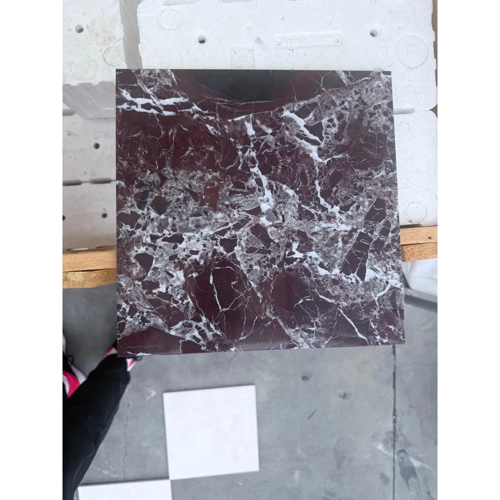 Maroon marble tile with white veining in Checkerboard Rosso Levanto and Crema Marfil 12X12 Set