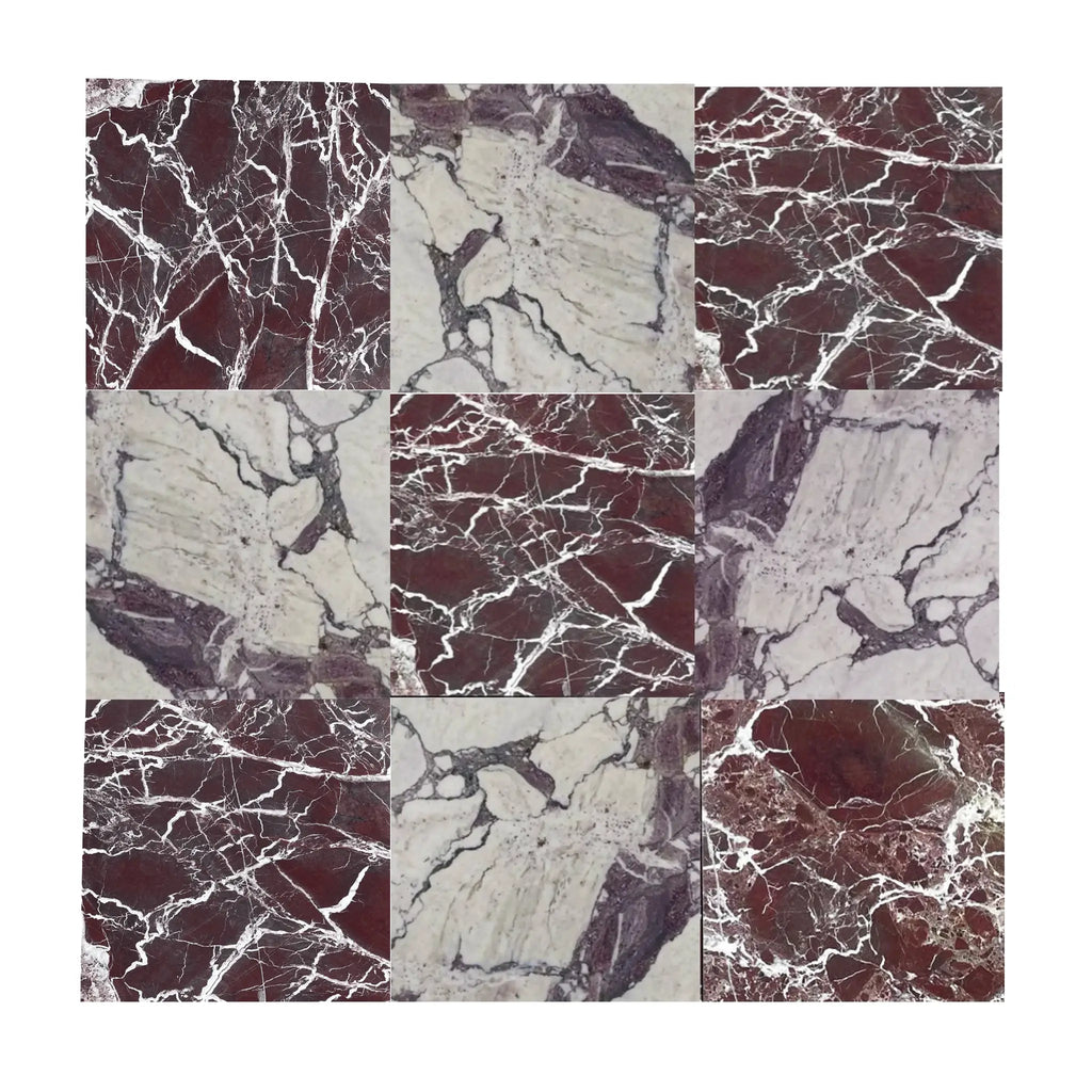 Checkerboard Rosso Levanto and Calacatta Viola Imperiale 12x12 marble tile set