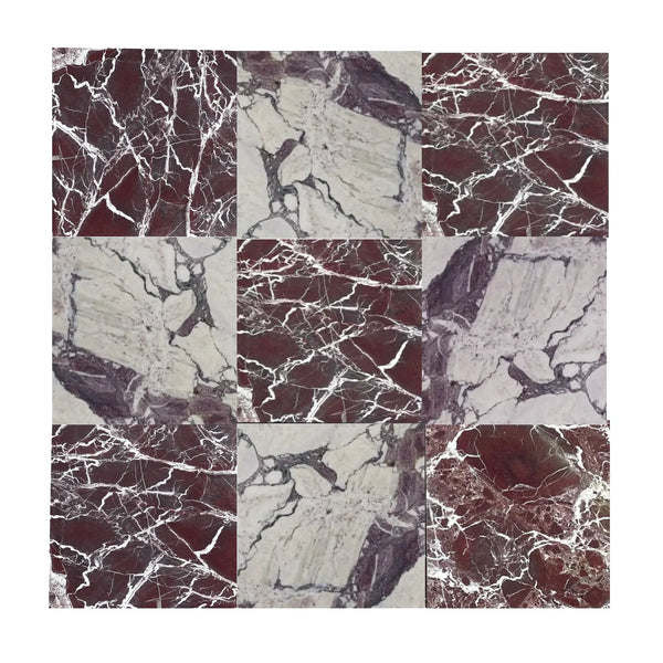 Checkerboard Rosso Levanto and Calacatta Viola Imperiale 12x12 marble tile set