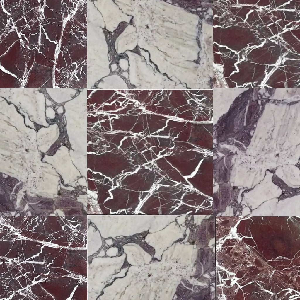 Richly veined burgundy and white marble slabs in Checkerboard Rosso Levanto and Calacatta Viola Imperiale 12x12 set