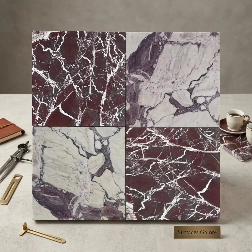 Four square marble tiles in checkerboard rosso levanto and calacatta viola imperiale with deep burgundy and soft gray hues