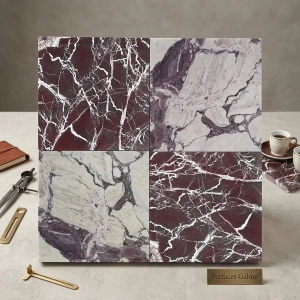 Four square marble tiles in checkerboard rosso levanto and calacatta viola imperiale with deep burgundy and soft gray hues