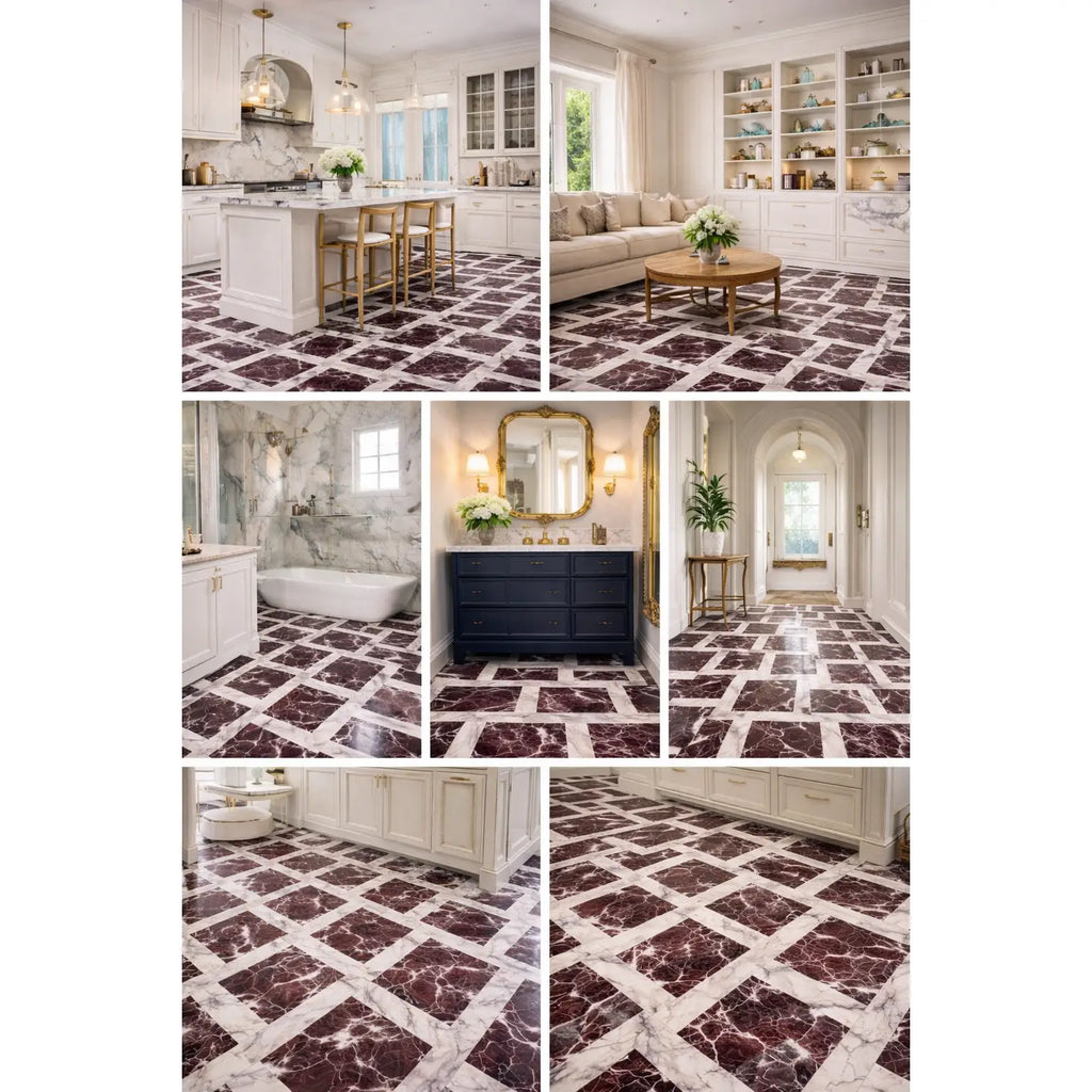 Checkerboard Rosso Levanto and Calacatta Viola Imperiale 12x12 marble tiles