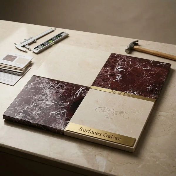 The surfaces galore marble sample book displays polished checkerboard rosso levanto and crema marfil stone slabs
