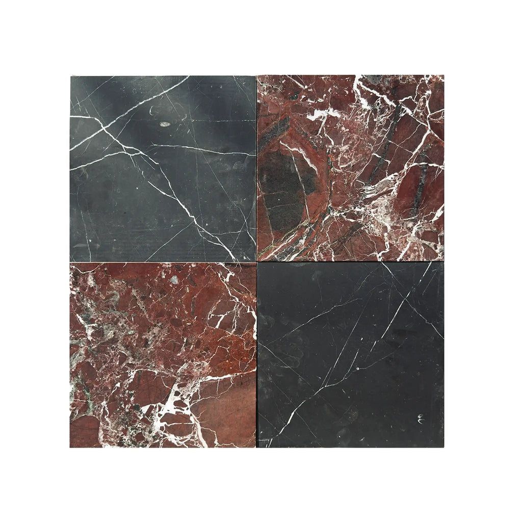 Four marble tiles from the Checkerboard Rosso Levanto and Nero Marquina 12X12 Set