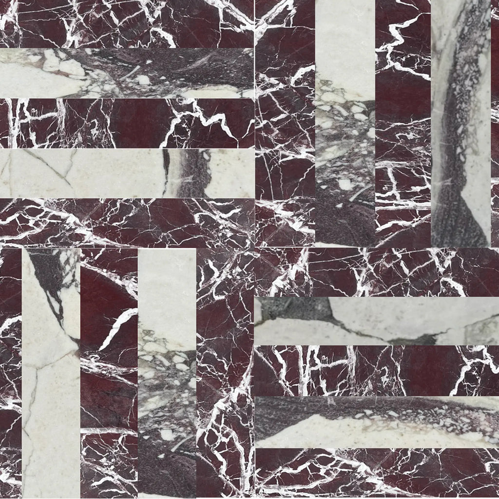Polished-honed Checkerboard Rosso Levanto and Calacatta Viola Imperiale marble tiles with dark red and white veining