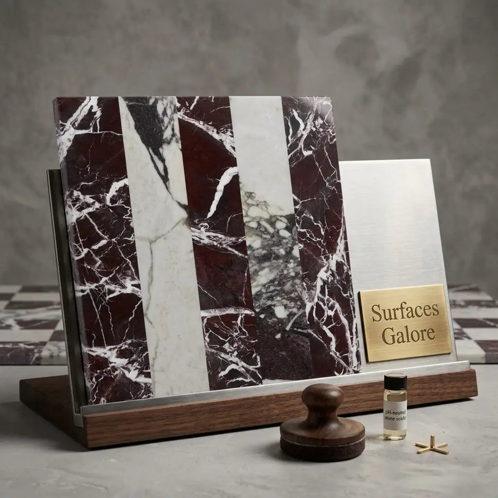 A sleek wooden display stand with vertical checkerboard rosso levanto calacatta viola imperiale marble tile samples and a surfaces galore metal panel