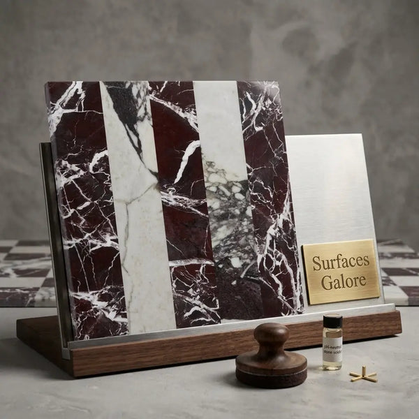 A sleek wooden display stand with vertical checkerboard rosso levanto calacatta viola imperiale marble tile samples and a surfaces galore metal panel