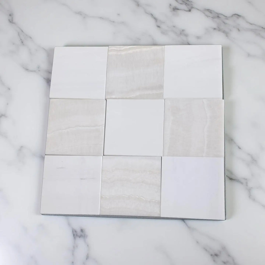 Polished Checkerboard White Onyx and Bianco Dolomite 3x3 tile grid pattern