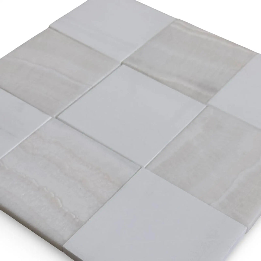 Polished Checkerboard White Onyx and Bianco Dolomite Tile with alternating light gray and white squares