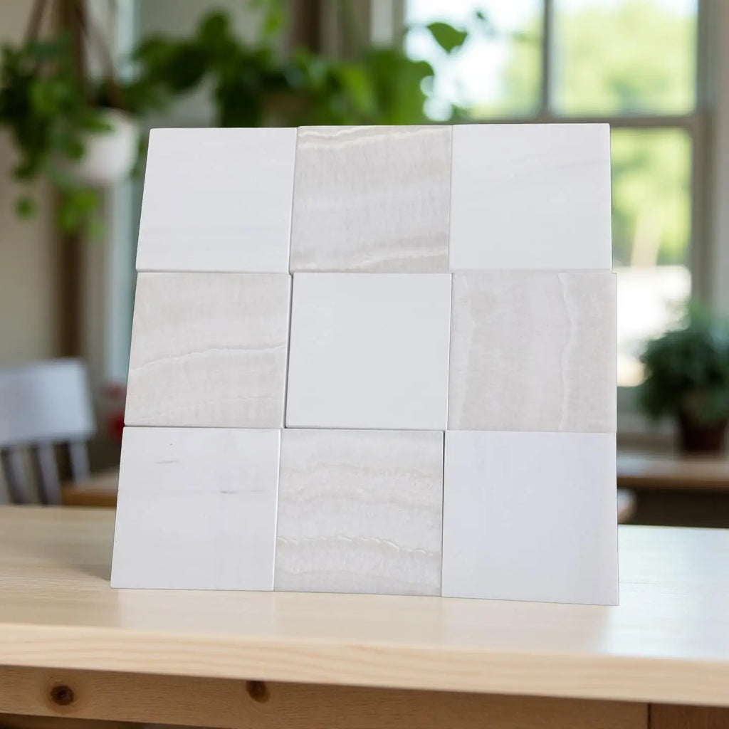 Checkerboard White Onyx and Bianco Dolomite polished tiles with smooth white and beige squares